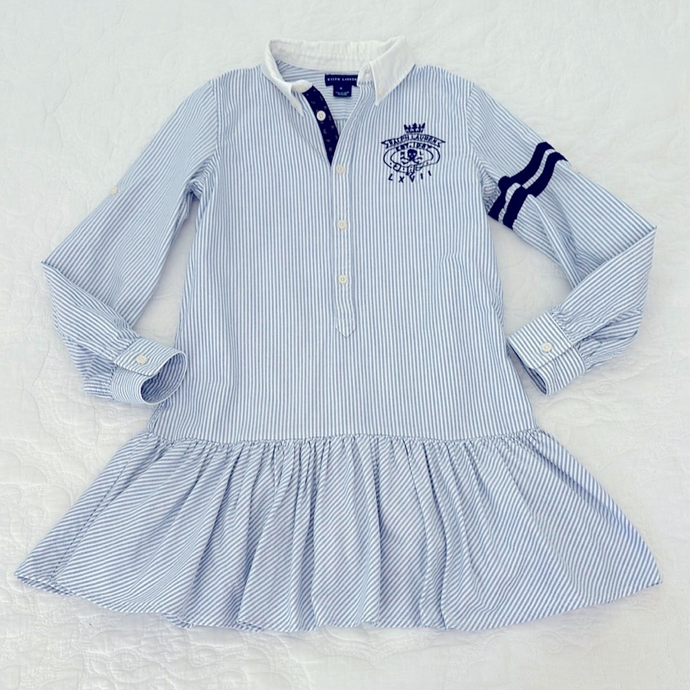 Ralph Lauren Girls Blue White Striped Cotton Oxford Shirtdress Size 8 Dress